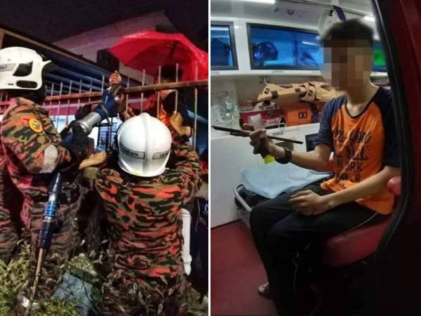 Anggota bomba membantu memotong pagar yang tertusuk ke tapak tangan kanan mangsa.