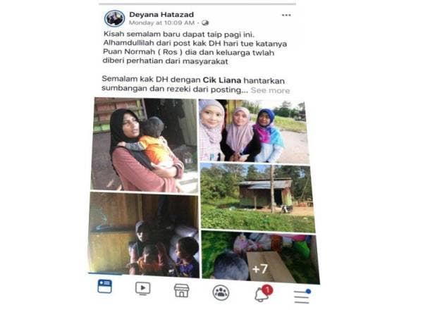 Status dan gambar yang dimuatnaik oleh Noordeyana beberapa hari lalu membantu keluarga ini menerima sumbangan orang ramai.