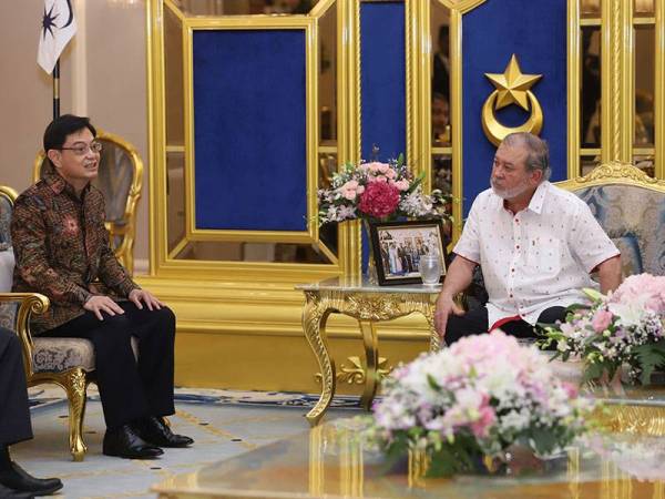 Sultan Johor Sultan Ibrahim Almarhum Sultan Iskandar (kanan) berkenan menerima kunjungan hormat Timbalan Perdana Menteri Singapura Heng Swee Keat sempena sambutan Hari Raya Aidilfitri di Istana Bukit Serene hari ini. - Foto Bernama