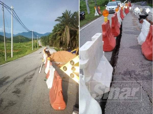 Kerja-kerja penambakan sedang dilakukan di lokasi oleh syarikat kontraktor. (Kanan: Keadaan jalan yang terhakis di Seksyen 4.30 laluan Felda Sungai Klah.)