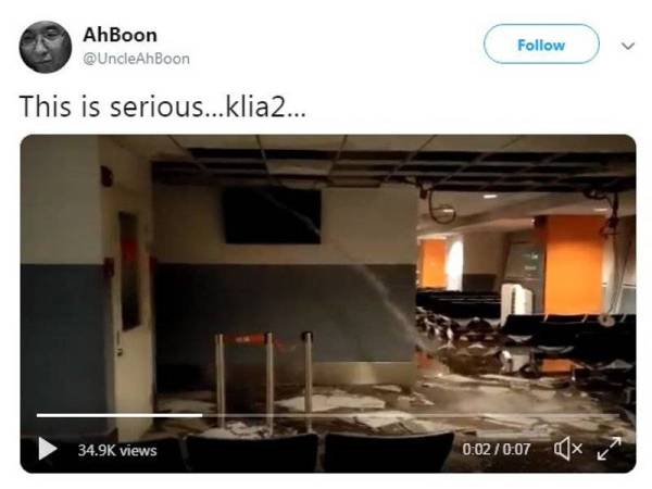 Video berdurasi 7 saat yang dimuat naik seorang pengguna Twitter menunjukkan paip di Gate K8 pecah sehingga menyebabkan siling di ruang itu runtuh.