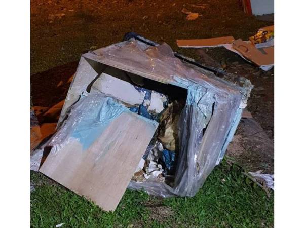 Kotak kayu yang mengandungi mayat dipercayai wanita berkenaan ketika ditemui pihak polis, semalam.