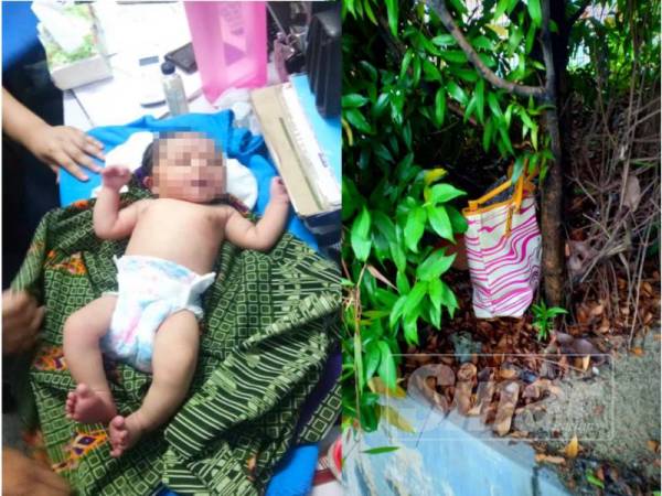 Bayi perempuan yang ditemui berkenaan dan keadaan beg yang mengandungi bayi tersebut ketika ditemui orang awam.