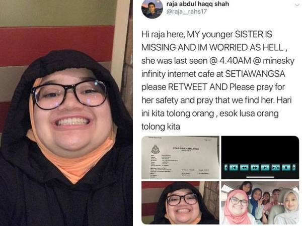 Antara status yang dimuat naik oleh abang Maryam memaklumkan kehilangan dan memohon semua mendoakan kesejahteraan adiknya agar segera ditemui semula.