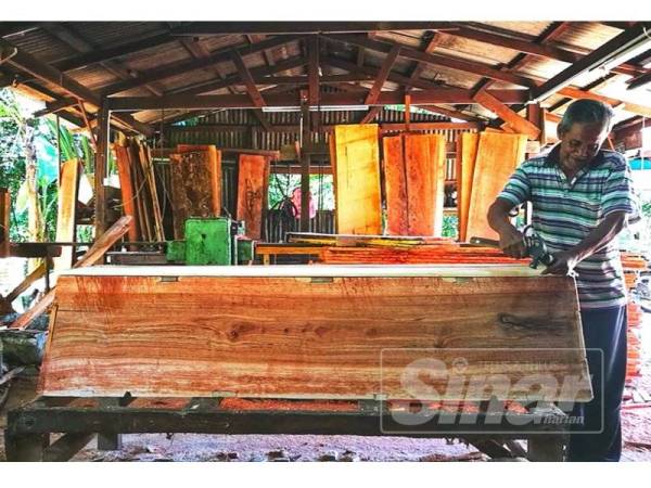 Wahab bersama kayu yang siap dipotong untuk dijadikan keranda.