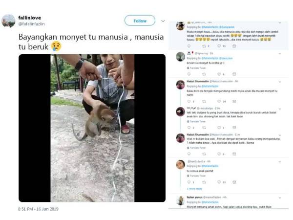 Beberapa pemuda dilihat sedang mendera dua ekor kera/monyet dan pada masa yang sama turut merekod kejadian tersebut.