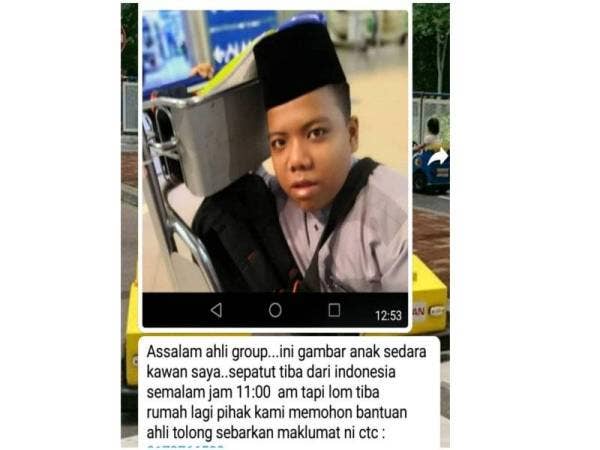 Kehilangan remaja itu tular di media sosial termasuk WhatsApp sejak semalam.