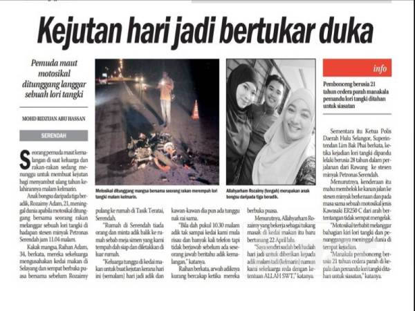 Keratan akhbar ini bertarikh 30 Mei melaporkan kejadian kemalangan dua sahabat itu yang dalam perjalanan pulang dari Serendah ke Selayang.