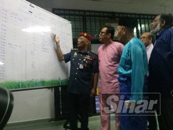 Khuzzan (dua, kiri) dan Tosrin (dua dari kanan) mendengar penerangan keadaan semasa di Sekolah Agama Taman Mawar.
