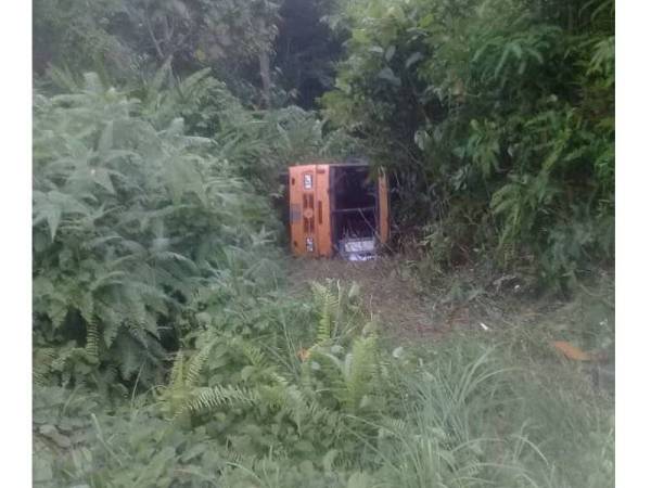 Keadaan bas sekolah yang terjunam ke gaung di Jalan Utama Kampung Penderas dekat Kuala Krau, petang tadi.