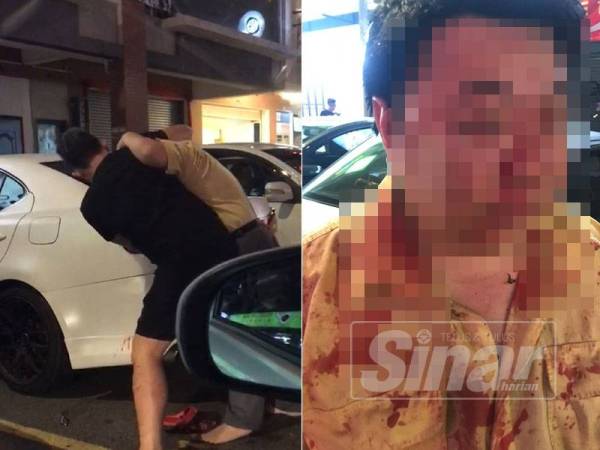 Orang awam merakam aksi pergaduhan dua lelaki hadapan deretan kedai di Jalan Dataran Cheras 2, Cheras Traders, Cheras Balakong. Gambar kanan: Seorang lelaki berlumuran darah dipercayai terlibat dalam kes pergaduhan hadapan deretan kedai di Jalan Dataran Cheras 2, Cheras Traders, Cheras Balakong. 