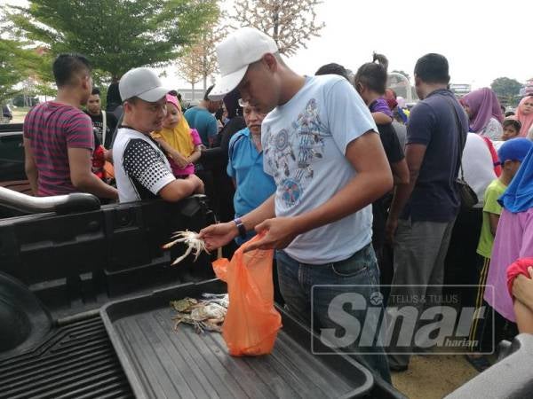 Seorang pelanggan menunggu giliran untuk membayar ketam yang dibeli di Pulau Warisan.