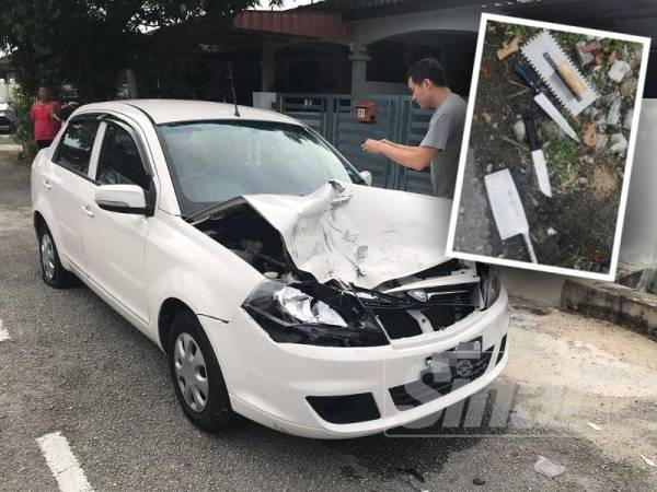 Keadaan kereta yang remuk dan pisau yang dirampas daripada suspek.