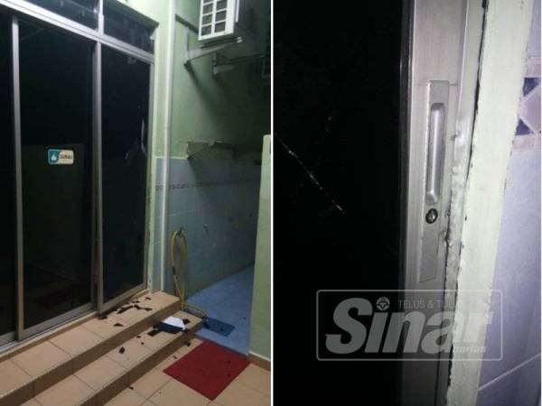 Salah satu cermin pintu gelangsar di Madrasah Nur At Taufiq, Taman Saujana Indah, Bukit Katil di sini pecah dan terdapat kesan umpilan pada pintu dipercayai cuba dipecah masuk dalam kejadian lewat malam kelmarin. (Kanan: Kesan umpilan yang berlaku.)