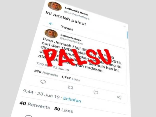 Latheefa menerusi laman Twitternya secara ringkas memaklumkan kenyataan itu adalah palsu selain berkongsi tangkap layar mendakwa beliau mengeluarkan kenyataan sedemikian.
