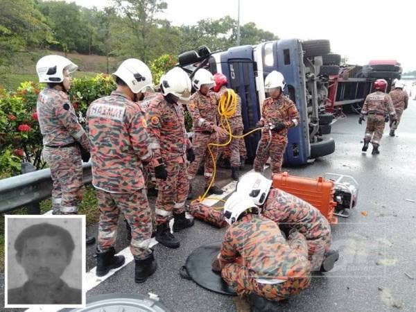 Pemandu treler maut apabila kenderaan dipandunya secara tiba-tiba hilang kawalan lalu terbabas dan terbalik. (Gambar kecil, Roha Zarihan Hamzah @ Hashim).
