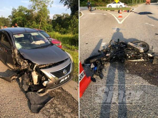Keadaan kereta dan motosikal selepas terlibat dalam kemalangan.