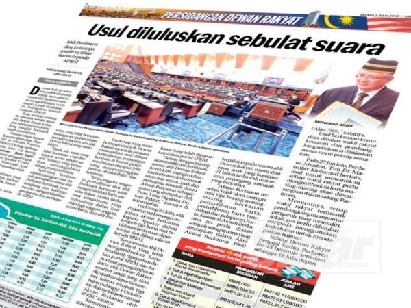 Keratan Sinar Harian semalam berhubung usul ahli Parlimen wajib mengisytiharkan harta yang diluluskan di Dewan Rakyat kelmarin.