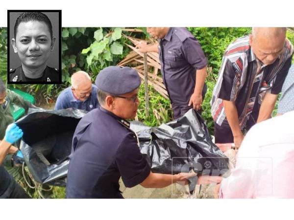 Zaharudin (kiri) membantu mengangkat mayat Lans Koperal Mohd Fairuz yang ditemukan pagi tadi di Jeti Nelayan Sungai Senduk, Tangkak. (gambar kecil: Mohd Fairuz)