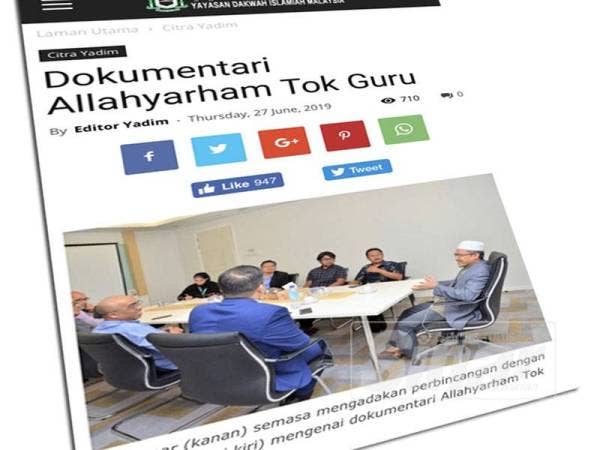 Laman web Yadim yang memuatkan laporan mengenai penerbitan dokumentari Allahyarham Nik Aziz.