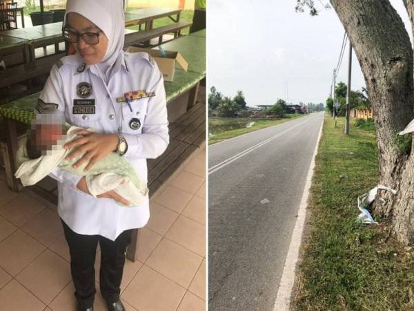 Seorang anggota polis wanita memangku bayi tersebut sebelum dibawa ambulans ke Hospital Sultanah Bahiyah Alor Setar. Gambar kanan: Bayi berkenaan ditinggalkan di tepi jalan iaitu kira-kira 100 meter dari sebuah sekolah kebangsaan di Jalan Jelai, dekat sini pada jam 8.20 pagi tadi.