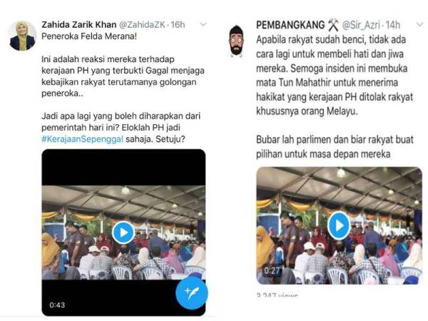 Ciapan yang dikongsi Zahida mengenai video yang tular tersebut. Gambar kanan: Ciapan di Twitter Wan Mohamad Azri yang turut memberi komen mengenai video tersebut.