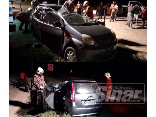 Keadaan kereta mangsa yang terbabit dalam insiden tersebut malam tadi. - Foto ihsan bomba