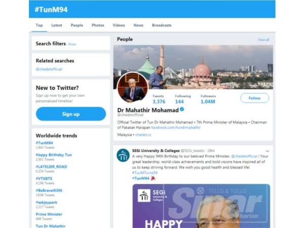 Twitter dengan #TunM94 trending semalam.