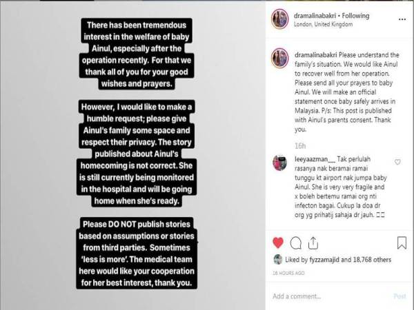 Dr Nur Amalina menggesa semua pihak menghormati privasi keluarga Ainul.