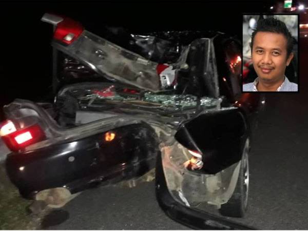 Keadaan bahagian belakang Proton Wira selepas kemalangan berlaku. (Gambar kecil: Mohd Shamsul Iftitah)