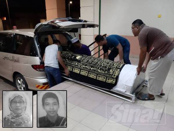 Ahli keluarga mengangkat jenazah kedua-dua mangsa untuk dibawa pulang ke Kampung Sejuk, Kuala Atok dan Felda Tersang 2, Raub malam tadi. Gammbar kecil: Nur Al Ashiqin dan Muhamad Ashraf