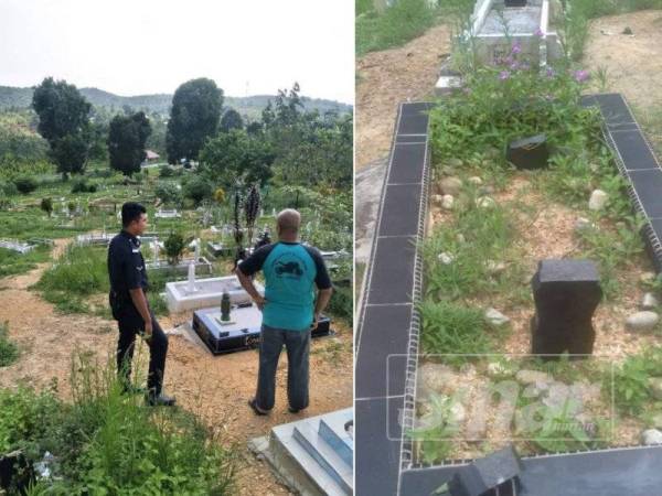 Anggota polis dan penduduk melihat kawasan itu setelah menerima aduan mengenai insiden berkenaan. (Kanan: Sebuah kubur yang turut mengalami kerosakan batu nisan.)