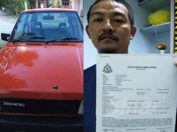 Kenderaan yang dilesapkan mekanik berkenaan dan Nazlysham (kanan) menunjukkan laporan polis mengenai kehilangan kenderaan terbabit.