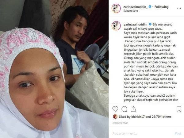 Paparan perkongsian Zarina di laman Instagram miliknya.