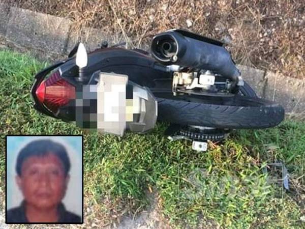 Keadaan motosikal mangsa selepas terlibat kemalangan dalam perjalanan ke tempat kerja pagi semalam di KM 33.0 Jalan Sungai Rengit-Kota Tinggi. - Gambar kecil: Sayfudin Amat