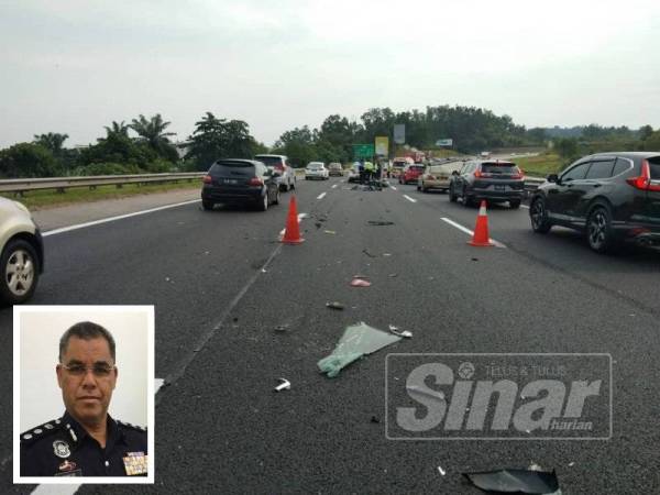 Lokasi kemalangan membabitkan sebuah kereta dengan motosikal di KM443 Lebuhraya PLUS pagi tadi. (Gambar kecil: Samsor Maarof)