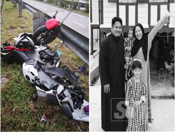 Motosikal jenis Honda CBR500 dinaiki pasangan suami isteri remuk selepas melanggar pengadang jalan dalam kemalangan membabitkan tiga motosikal pagi tadi.