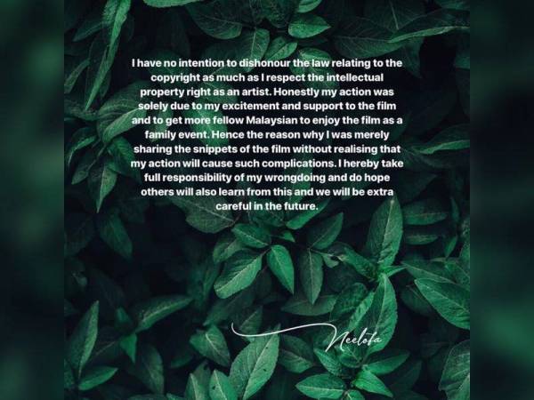 Permohonan meminta maaf yang dimuat naik Neelofa di laman sosial Instagram miliknya.
