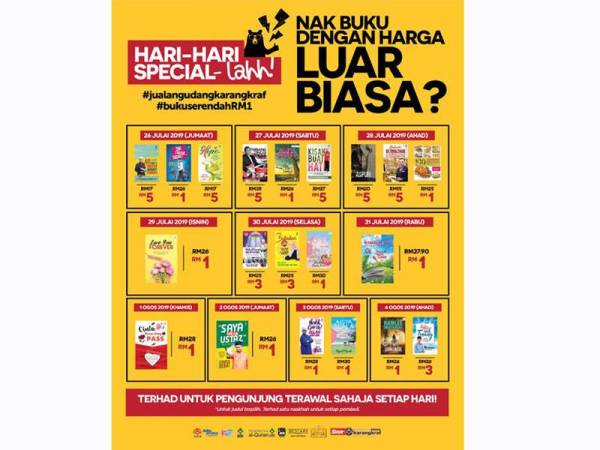 Tawaran menarik bakal menanti pengunjung pada Jualan Gudang Pertengahan Tahun Karangkraf di Kompleks Media Karangkraf pada 26 Julai hingga 4 Ogos ini. - FOTO: ASRIL ASWANDI SHUKOR