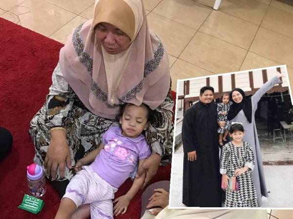 Hani Safina terlena di pangkuan neneknya, Fatimah Mohd Yatim. Gambar kanan, Hana Safiyyah begitu rapat dengan Aizat Ahmad yang dipanggil Ayah Chik.