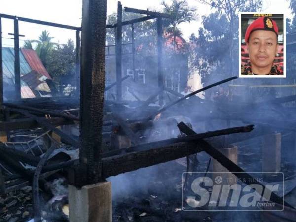 Sebuah rumah hangus dalam kebakaran di Kampung Manal kira-kira jam 4 pagi tadi. Gambar kecil, Mohd Rafain Mat Zain.
