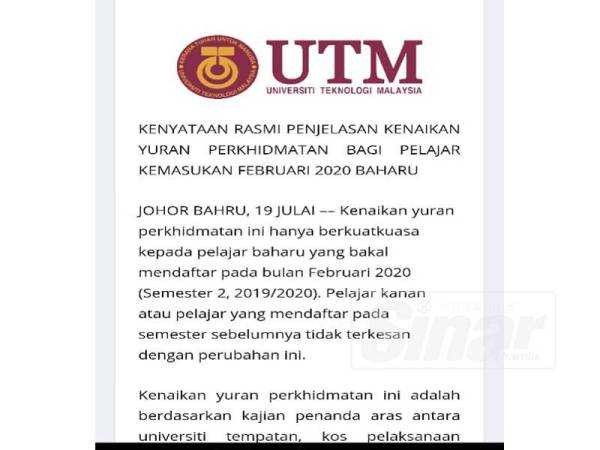 Kenyataan berhubung kenaikan yuran perkhidmatan yang dimuatnaik di laman web UTM