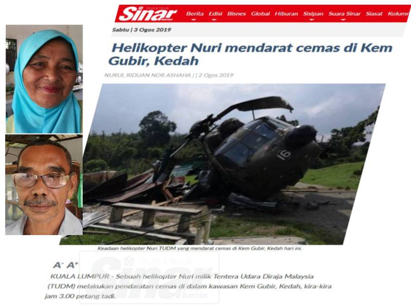 Laporan Sinar Harian tentang helikopter Nuri yang mendarat cemas, semalam. Gambar kecil:Ya Kassim (atas) dan Mohd Yusof Abidin.