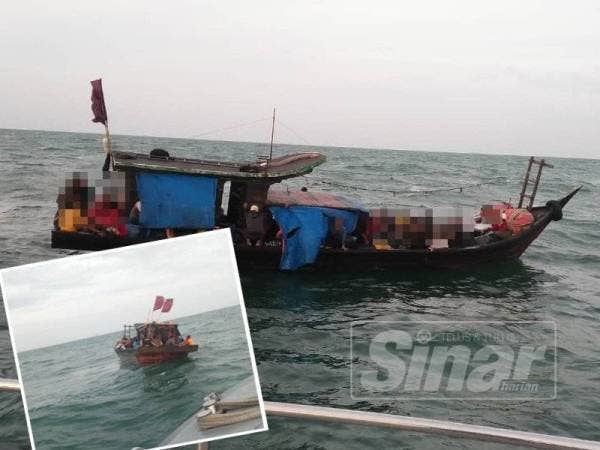 Bot nelayan PATI gagal menampung muatan sebelum karam di jarak kira-kira 2.8 batu nautika dari Sungai Kurau, Selangor pagi tadi. (Gambar kecil, bot nelayan PATI gagal menampung muatan sebelum karam pagi tadi.)