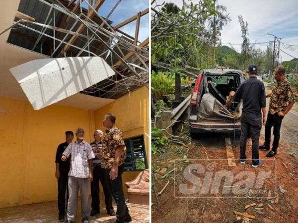 Abu Bakar (kanan) ketika meninjau keadaan salah sebuah rumah mangsa yang rosak di Jalan Pantai Cenang, Langkawi hari ini. Gambar kanan: Abu Bakar (kanan) melihat kenderaan yang rosak akibat dihempap pokok ketika kejadian ribut malam semalam di Jalan Pantai Cenang, hari ini.