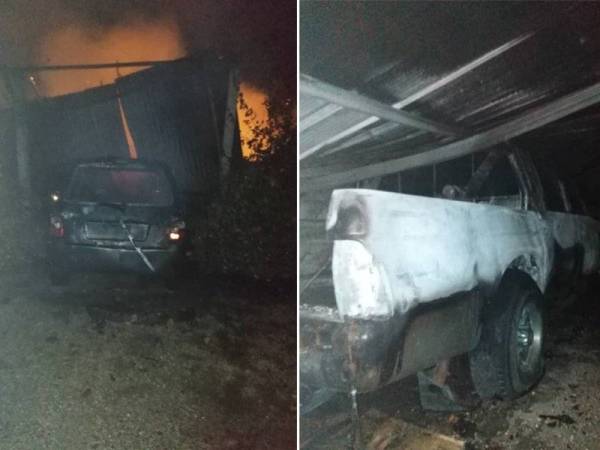 Antara kenderaan yang terbakar dalam kejadian berlaku di kawasan perumahan nelayan di Kampung Penyabong, Endau dekat Mersing tengah malam tadi.