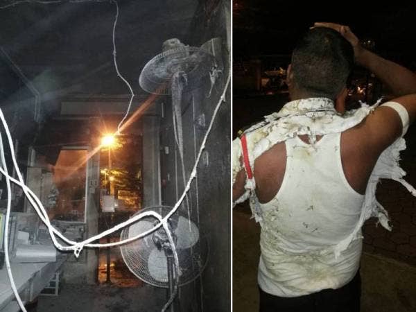 Keadaan pondok pengawal keselamatan yang dibaling dengan molotov cocktail. Gambar kanan: Seorang pengawal keselamatan cedera dalam insiden itu.