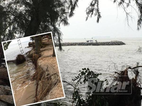 Tembok yang dibina pada bulan Februari lalu diperbuat daripada susuan batu groin didirikan secara mengunjur dari daratan sehingga ke tengah laut sepanjang kira-kira 30 meter. (Gambar kecil, kewujudan tembok terbabit membuatkan pantai berteluk dan mengakibatkan laut menjadi bertambah dalam sekaligus proses hakisan ombak menjadi lebih giat.)