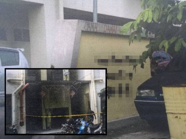 Polis masih menyiasat kedudukan tingkat kesemua mangsa terjatuh di sebuah pangsapuri di Taman Kepong. (Gambar kecil: Lokasi kejadian tiga beranak terjatuh menyebabkan dua cedera parah dan seorang maut.)