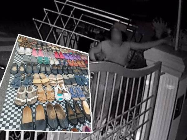 Gerak geri suspek berjaya dirakam CCTV di sebuah rumah penduduk yang menjadi mangsa kecurian kasut serta sebahagian kasut yang dipercayai dicuri oleh suspek.